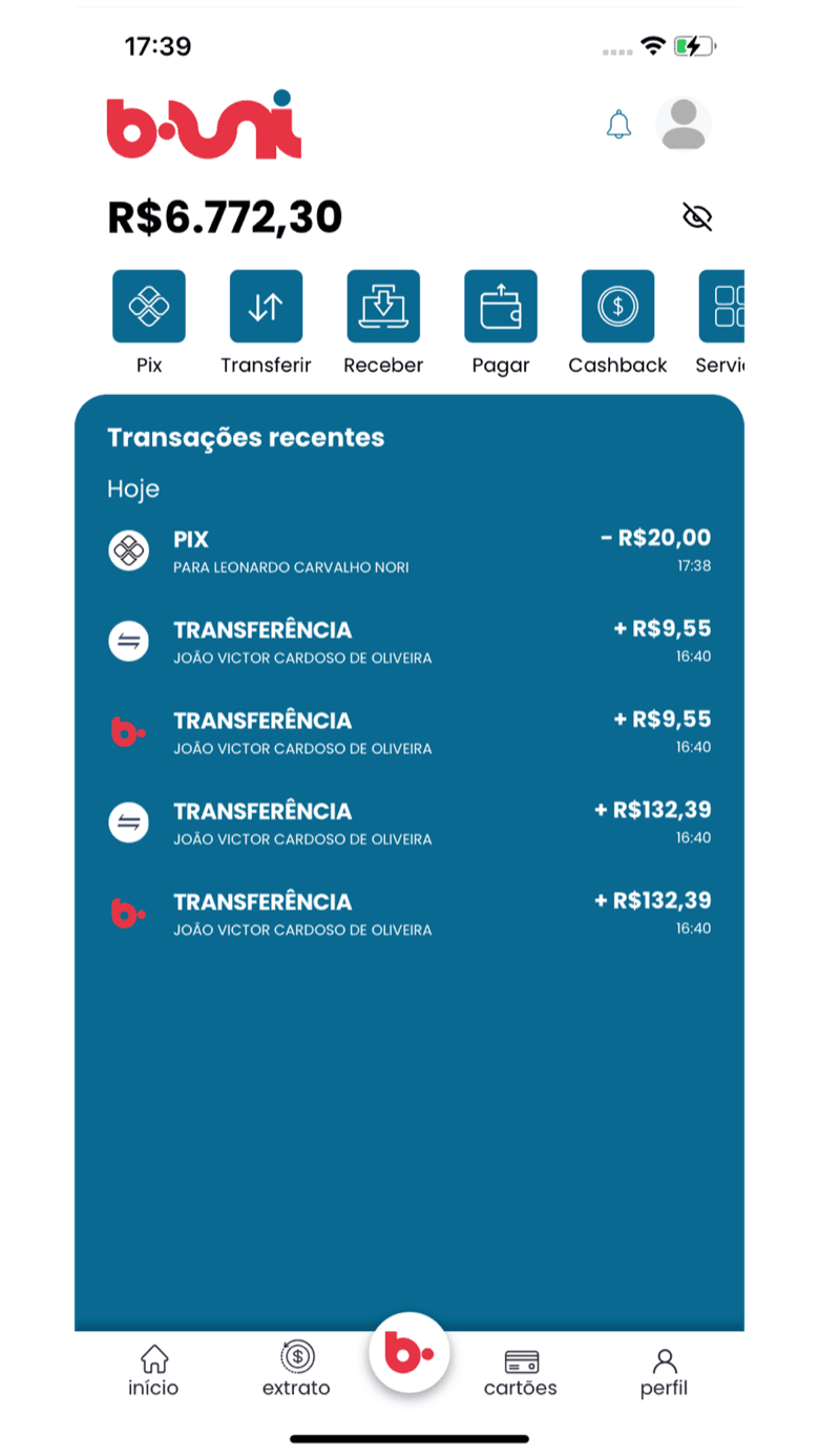 b.Uni — home with balance, Pix and recent transactions
