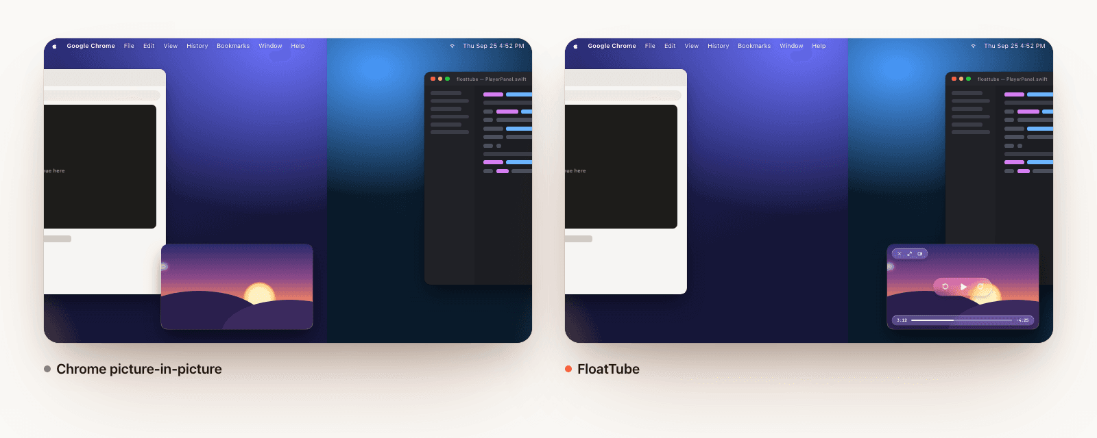 Mid Space switch: Chrome picture-in-picture slides along, FloatTube stays put